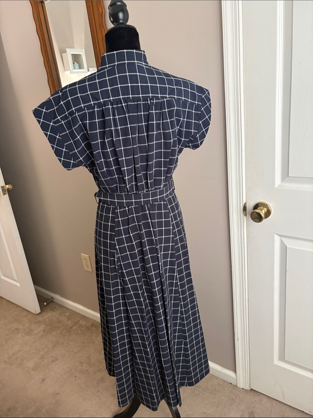 Calvin Klein Navy Windowpane Belted Maxi Shirt Dress - Picture 7 of 8